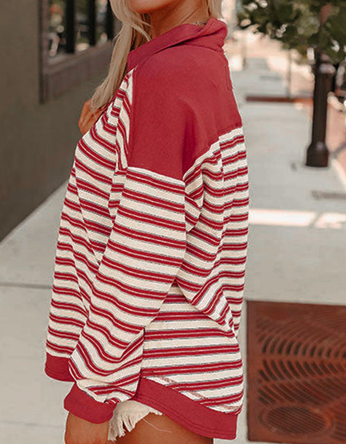 Load image into Gallery viewer, Stripe Johnny Collar Drop Shoulder Sweatshirt
