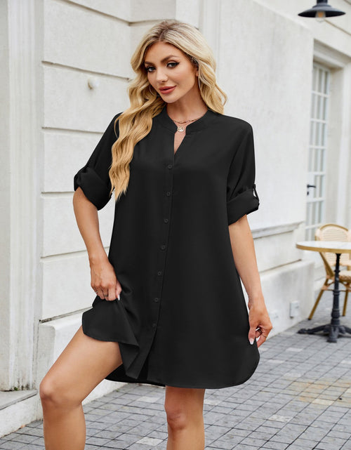 Load image into Gallery viewer, Notched Long Sleeve Mini Shirt Dress
