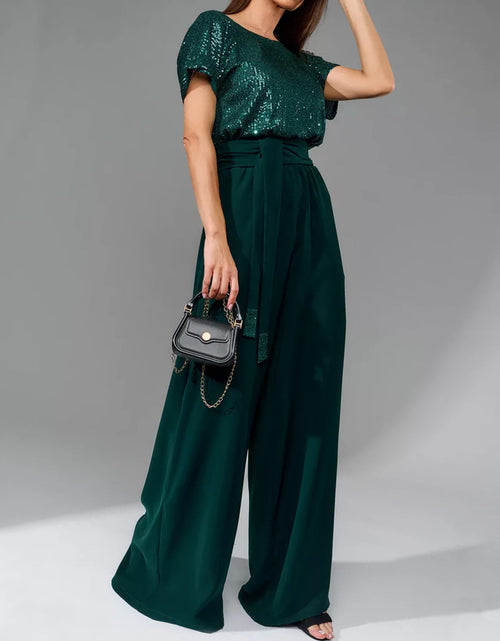 Load image into Gallery viewer, Full Size Sequin Round Neck Short Sleeve Wide Leg Jumpsuit
