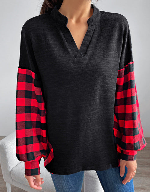 Load image into Gallery viewer, Buffalo Plaid Color Block Balloon Sleeve Top
