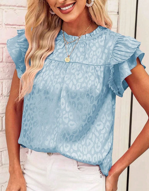 Load image into Gallery viewer, Leopard Frill Mock Neck Ruffled Cap Sleeve Top
