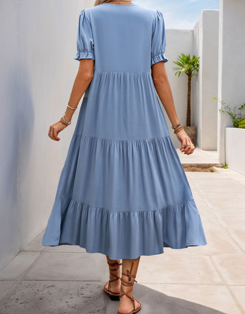 Load image into Gallery viewer, Perfee Decorative Button Notched Short Sleeve Midi Dress
