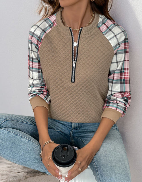 Load image into Gallery viewer, Perfee Plaid Half Zip Long Sleeve Texture Sweatshirt
