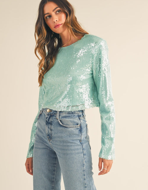 Load image into Gallery viewer, MABLE Shoulder Padded Sequin Crop Top
