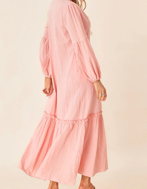 Load image into Gallery viewer, Frill Tiered Tie Neck Long Sleeve Dress
