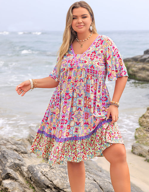 Load image into Gallery viewer, Plus Size Lace Detail Printed Half Sleeve Dress
