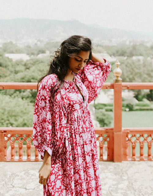 Load image into Gallery viewer, Floral Tie Neck Lantern Sleeve Dress
