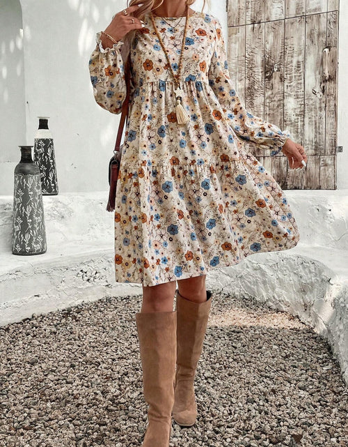 Load image into Gallery viewer, Tiered Floral Round Neck Long Sleeve Dress
