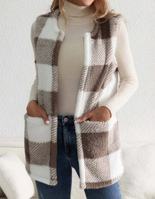 Load image into Gallery viewer, Sherpa Plaid Open Front Vest Coat
