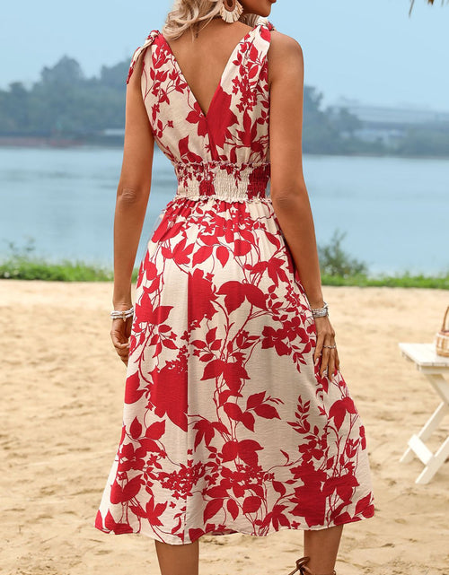 Load image into Gallery viewer, Perfee Smocked Printed Surplice Midi Dress
