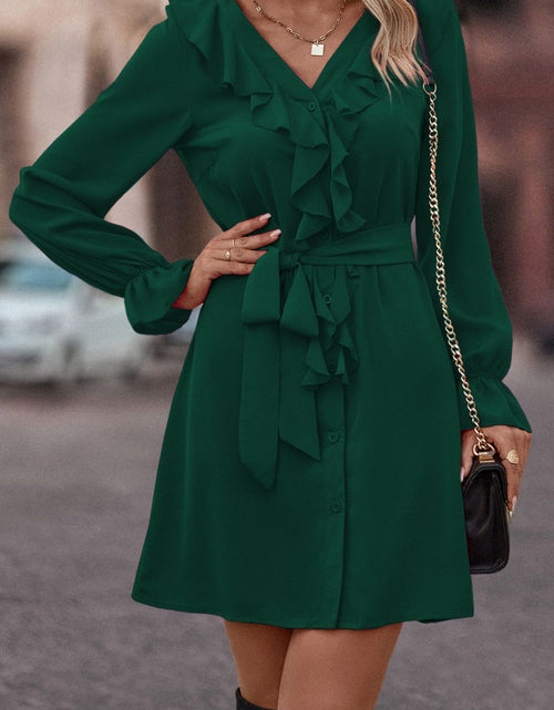 Load image into Gallery viewer, Ruffled Flounce Sleeve V-Neck Belted Dress

