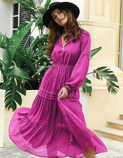 Load image into Gallery viewer, Tie Neck Long Sleeve Midi Tiered Dress
