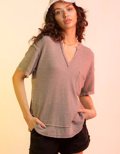 Load image into Gallery viewer, Waffle-Knit Notched Half Sleeve T-Shirt
