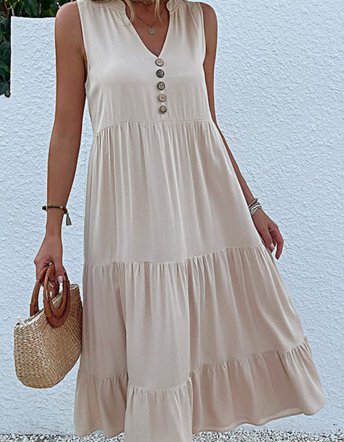 Load image into Gallery viewer, Perfee Decorative Button Sleeveless Tiered Dress
