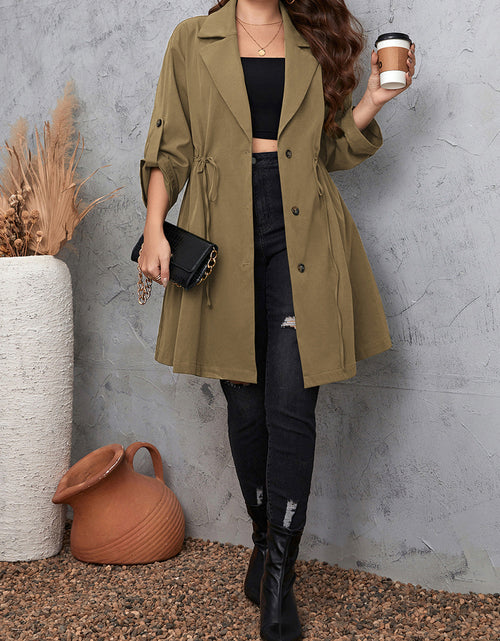 Load image into Gallery viewer, Honey Plus Size Lapel Collar Drawstring Roll-Tab Sleeve Trench Coat
