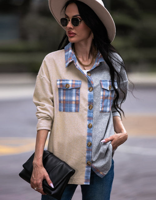 Load image into Gallery viewer, Shiny Plaid Contrast Drop Shoulder Shacket
