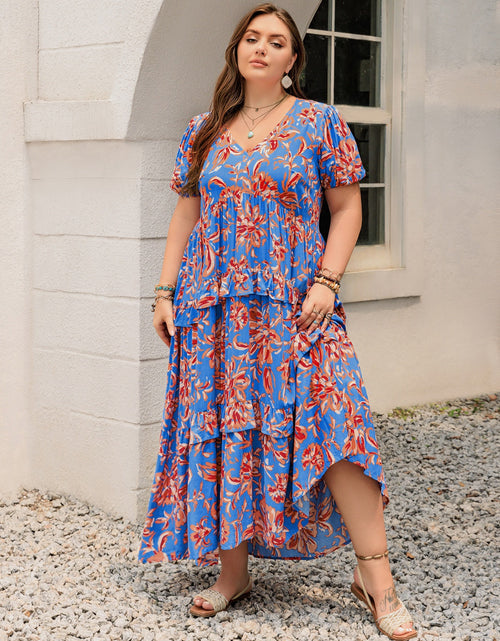 Load image into Gallery viewer, Plus Size Ruffled Printed V-Neck Short Sleeve Maxi Dress
