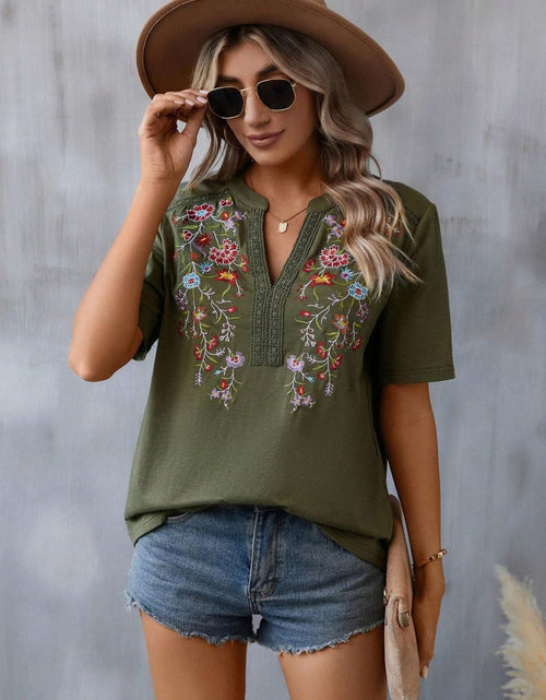Load image into Gallery viewer, Embroidered Notched Short Sleeve T-Shirt
