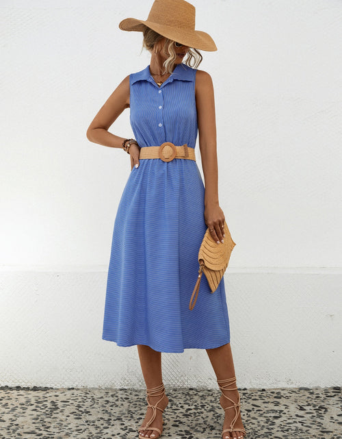 Load image into Gallery viewer, Striped Collared Neck Sleeveless Midi Dress
