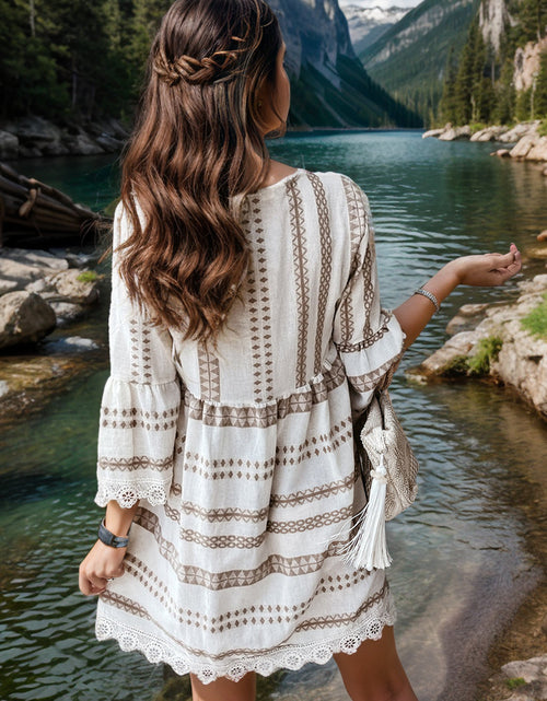 Load image into Gallery viewer, Lace Detail Printed Three-Quarter Sleeve Dress
