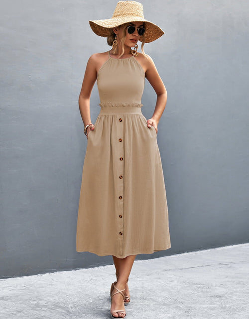 Load image into Gallery viewer, Buttoned Halter Neck Frill Trim Midi Dress
