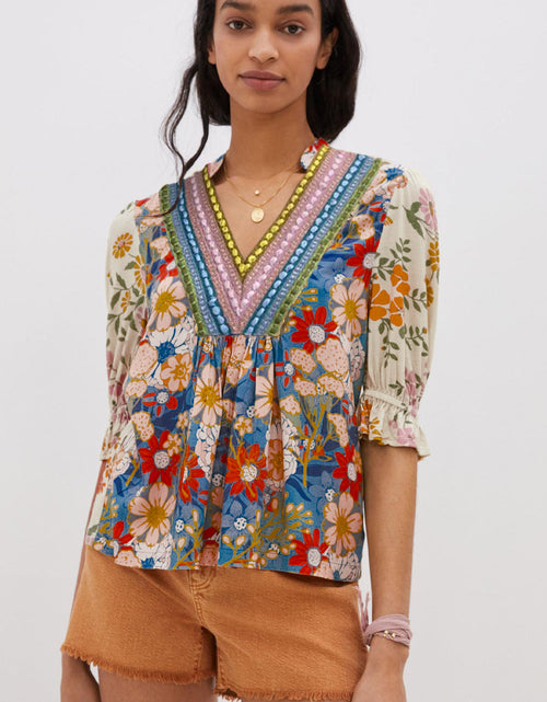 Load image into Gallery viewer, Multicolour V Neck Half Sleeve Boho Floral Blouse

