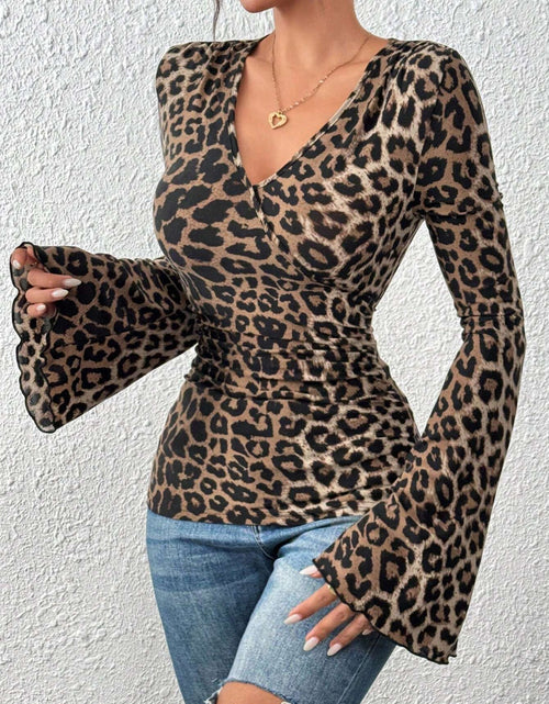 Load image into Gallery viewer, Leopard Surplice Flare Sleeve Top
