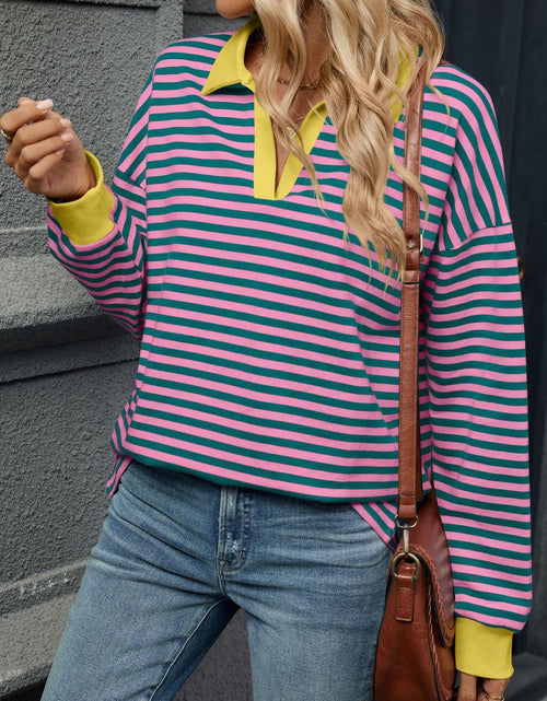 Load image into Gallery viewer, Striped Johnny Collar Long Sleeve Sweatshirt
