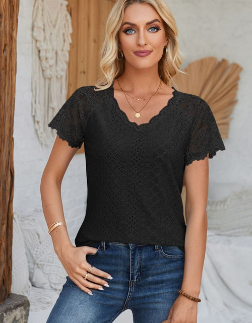 Load image into Gallery viewer, Eyelet V-Neck Lace Short Sleeve T-Shirt
