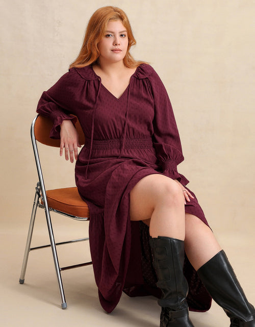 Load image into Gallery viewer, Plus Size Swiss Dot Tie Neck Flounce Sleeve Maxi Dress
