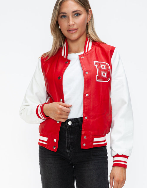 Load image into Gallery viewer, Love Me Now PU Leather Contrast Snap Down Bomber Jacket
