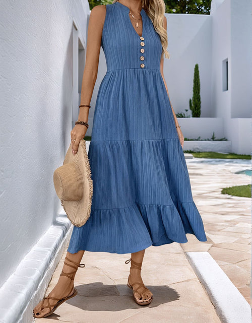 Load image into Gallery viewer, Perfee Decorative Button Notched Sleeveless Tiered Dress
