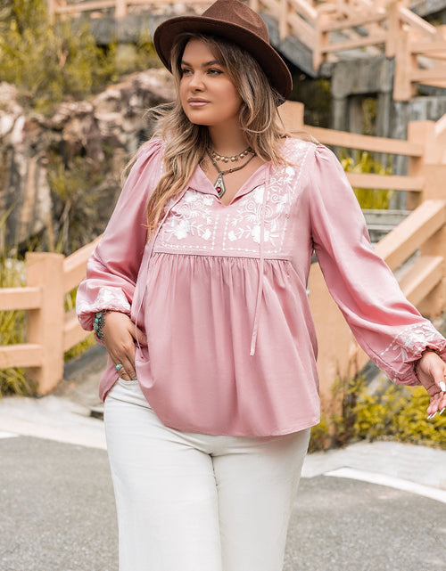 Load image into Gallery viewer, Plus Size Tie Neck Puff Sleeve Blouse
