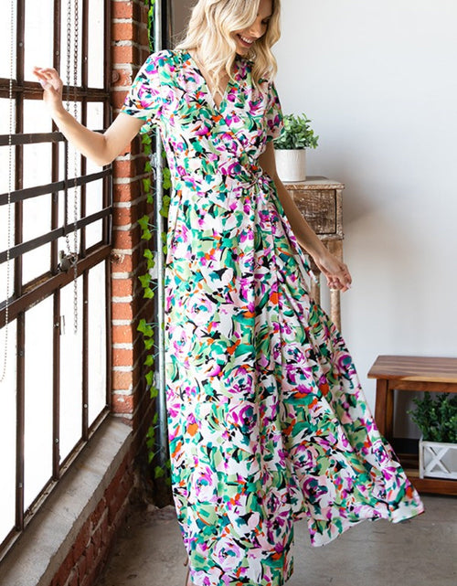 Load image into Gallery viewer, First Love Slit Printed Surplice Tie Waist Short Sleeve Dress

