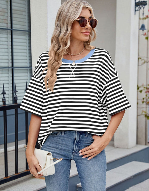 Load image into Gallery viewer, Contrast Striped Round Neck Half Sleeve T-Shirt
