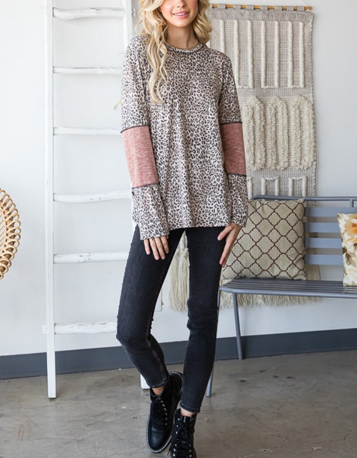 Load image into Gallery viewer, Heimish Full Size Leopard Exposed Seam Contrast T-Shirt

