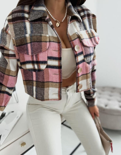 Load image into Gallery viewer, Pocketed Collared Neck Long Sleeve Plaid Jacket
