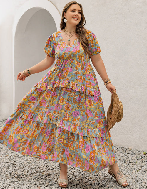 Load image into Gallery viewer, Plus Size Printed V-Neck Short Sleeve Maxi Dress

