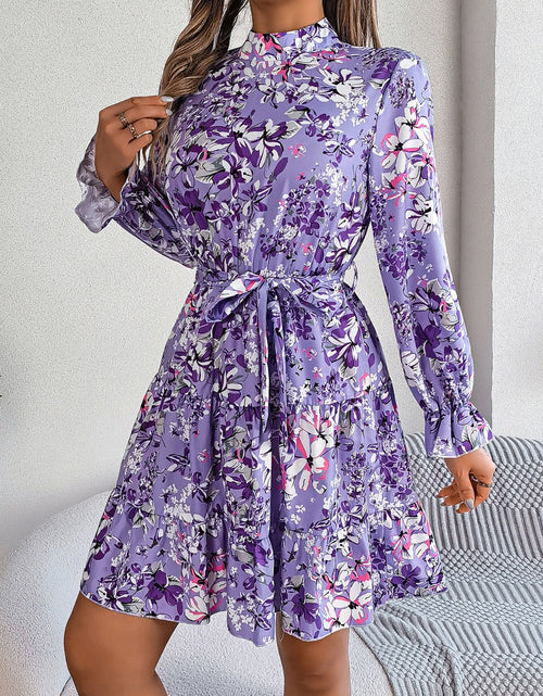 Load image into Gallery viewer, Printed Mock Neck Flounce Sleeve Mini Dress

