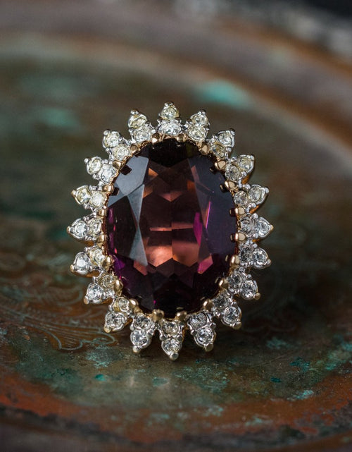 Load image into Gallery viewer, Vintage Amethyst and Clear Austrian Crystal Cocktail Ring 18k Yellow Gold Electroplated Made in USA by PVD Vintage Jewelry

