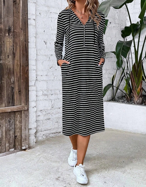 Load image into Gallery viewer, Striped Zip Front Hooded Dress
