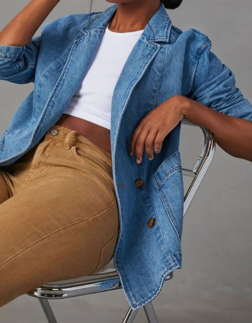 Load image into Gallery viewer, Pocketed Lapel Collar Long Sleeve Denim Jacket
