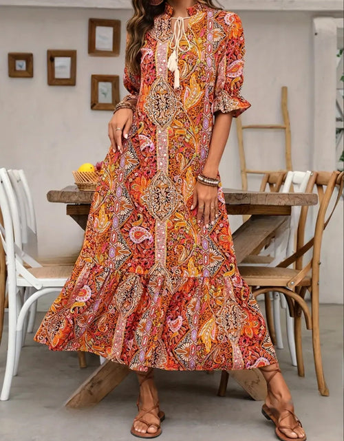 Load image into Gallery viewer, Printed Tie Neck Flounce Sleeve Midi Dress
