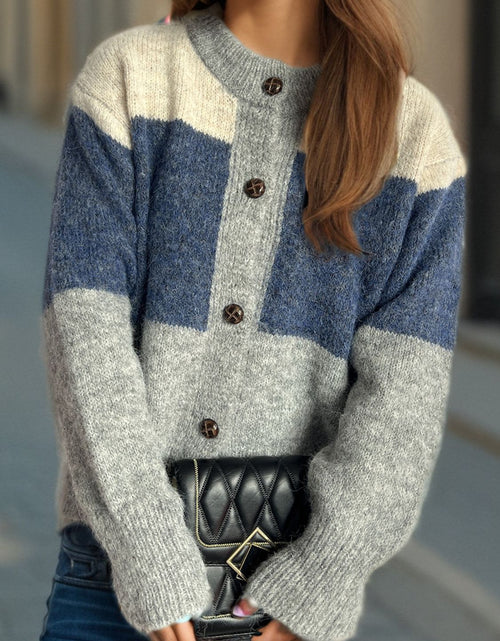Load image into Gallery viewer, Color Block Round Neck Button Up Cardigan
