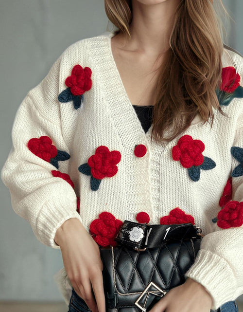 Load image into Gallery viewer, Flower Button Down V-Neck Long Sleeve Cardigan
