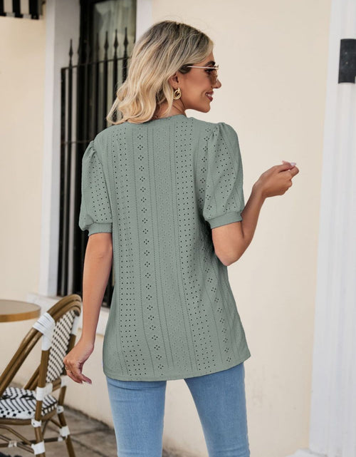 Load image into Gallery viewer, Eyelet Puff Sleeve V-Neck Top
