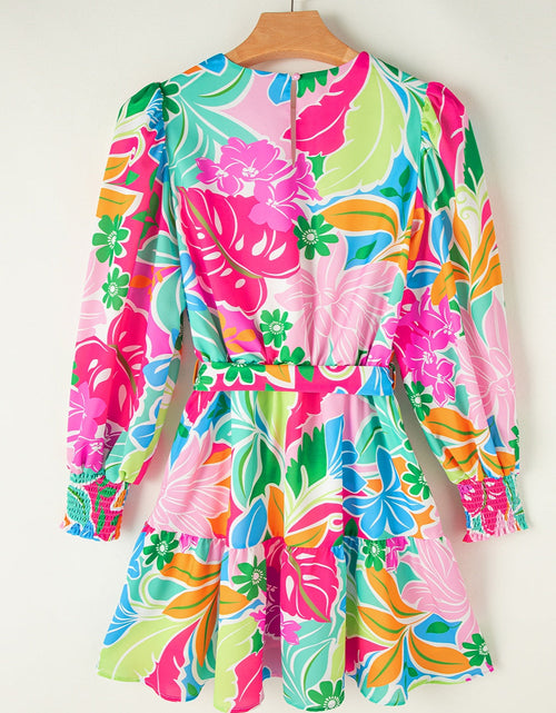 Load image into Gallery viewer, Printed Tie Waist Lantern Sleeve Mini Dress
