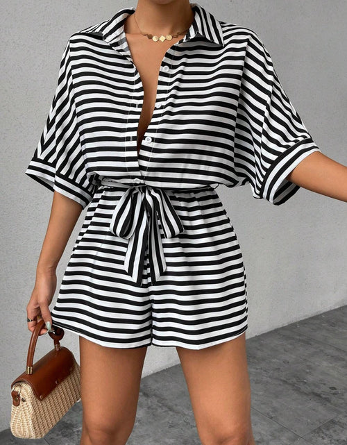 Load image into Gallery viewer, Tie Waist Half Button Striped Romper
