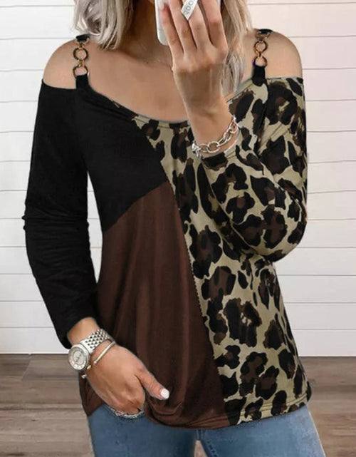 Load image into Gallery viewer, Full Size Leopard Cold Shoulder Long Sleeve T-Shirt

