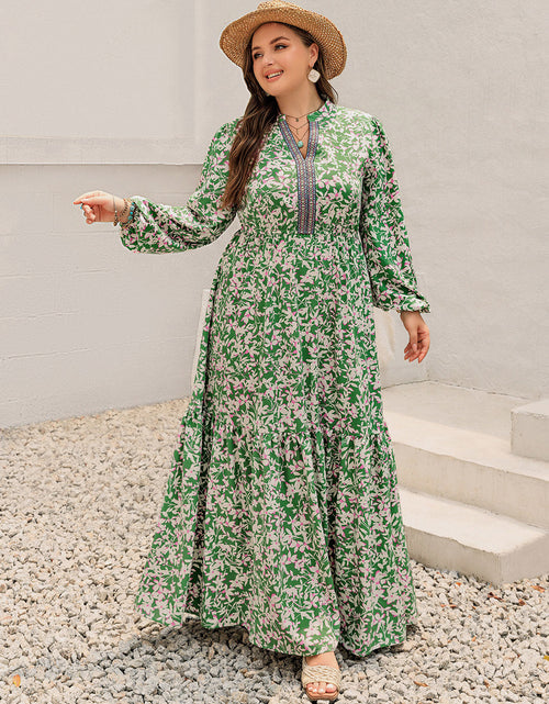Load image into Gallery viewer, Plus Size Printed Notched Long Sleeve Maxi Dress
